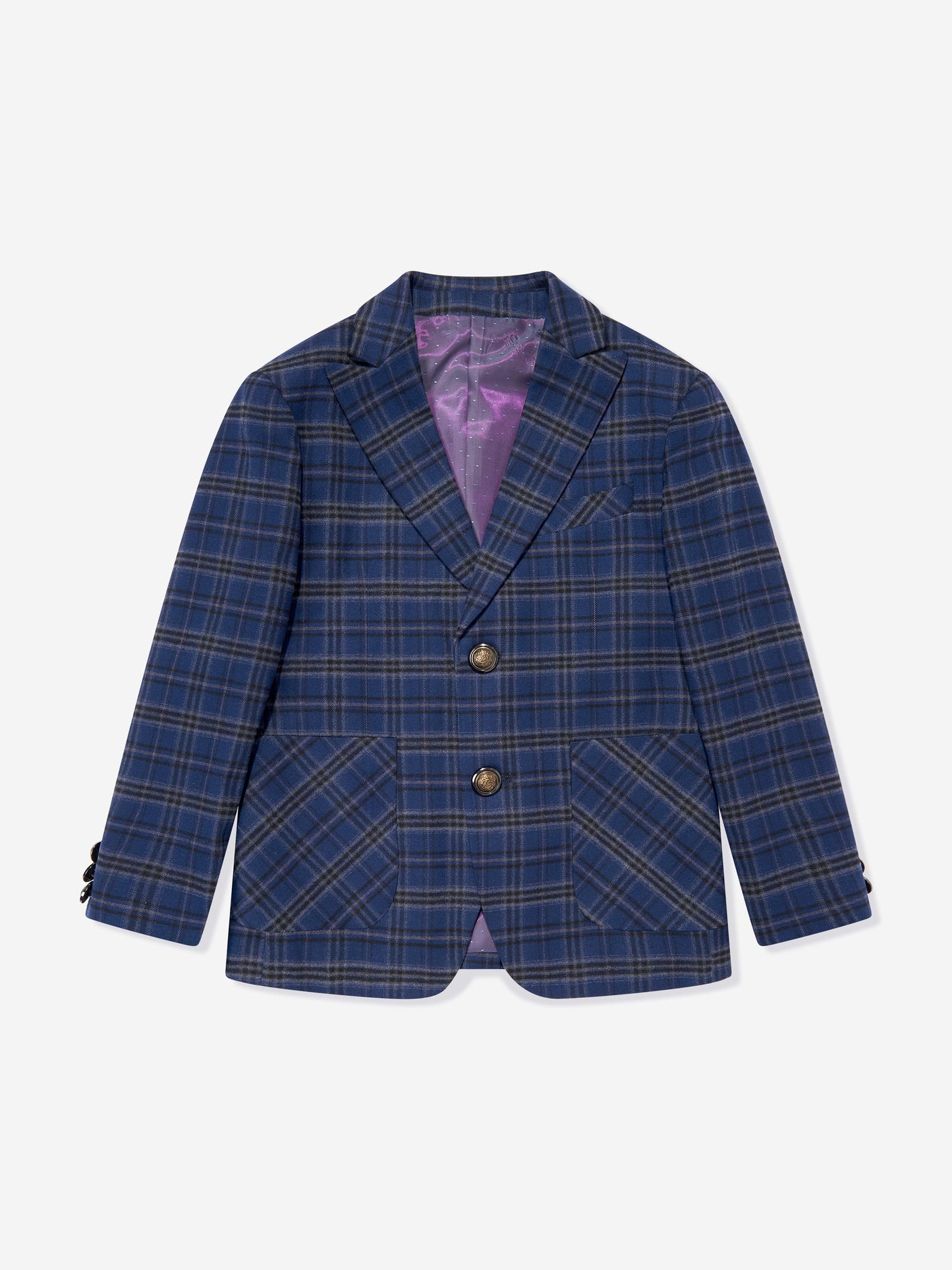 Navy checked boys blazer with notch lapel and two front buttons
