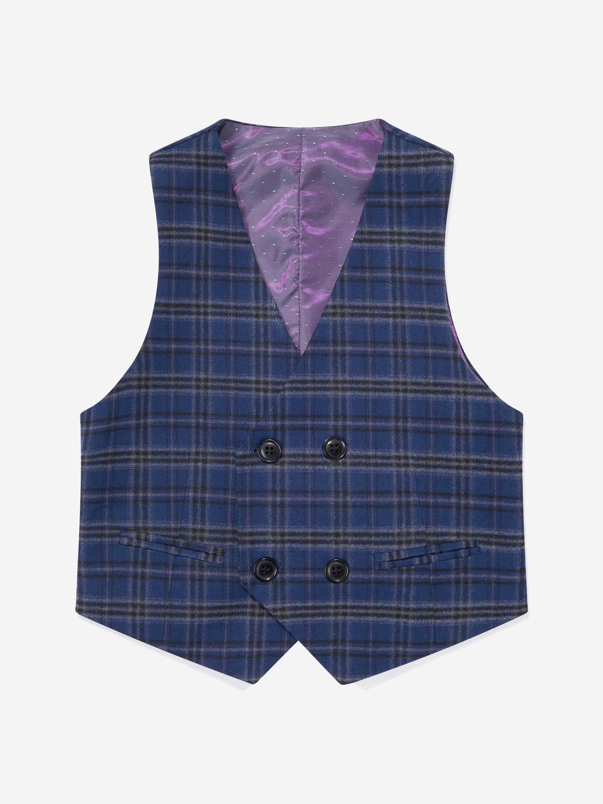 Navy checked boys waistcoat with purple lining and four-button front