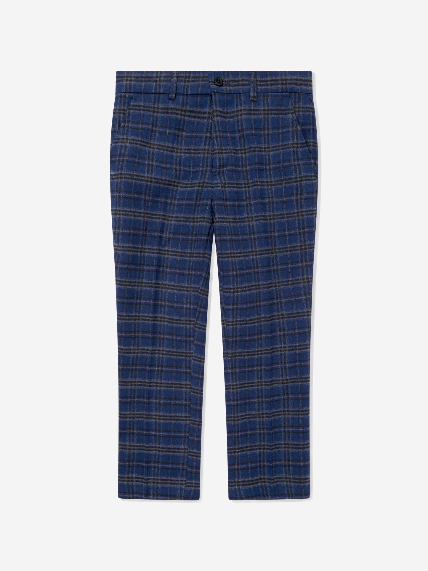 Navy checked boys trousers with belt loops and front button fly