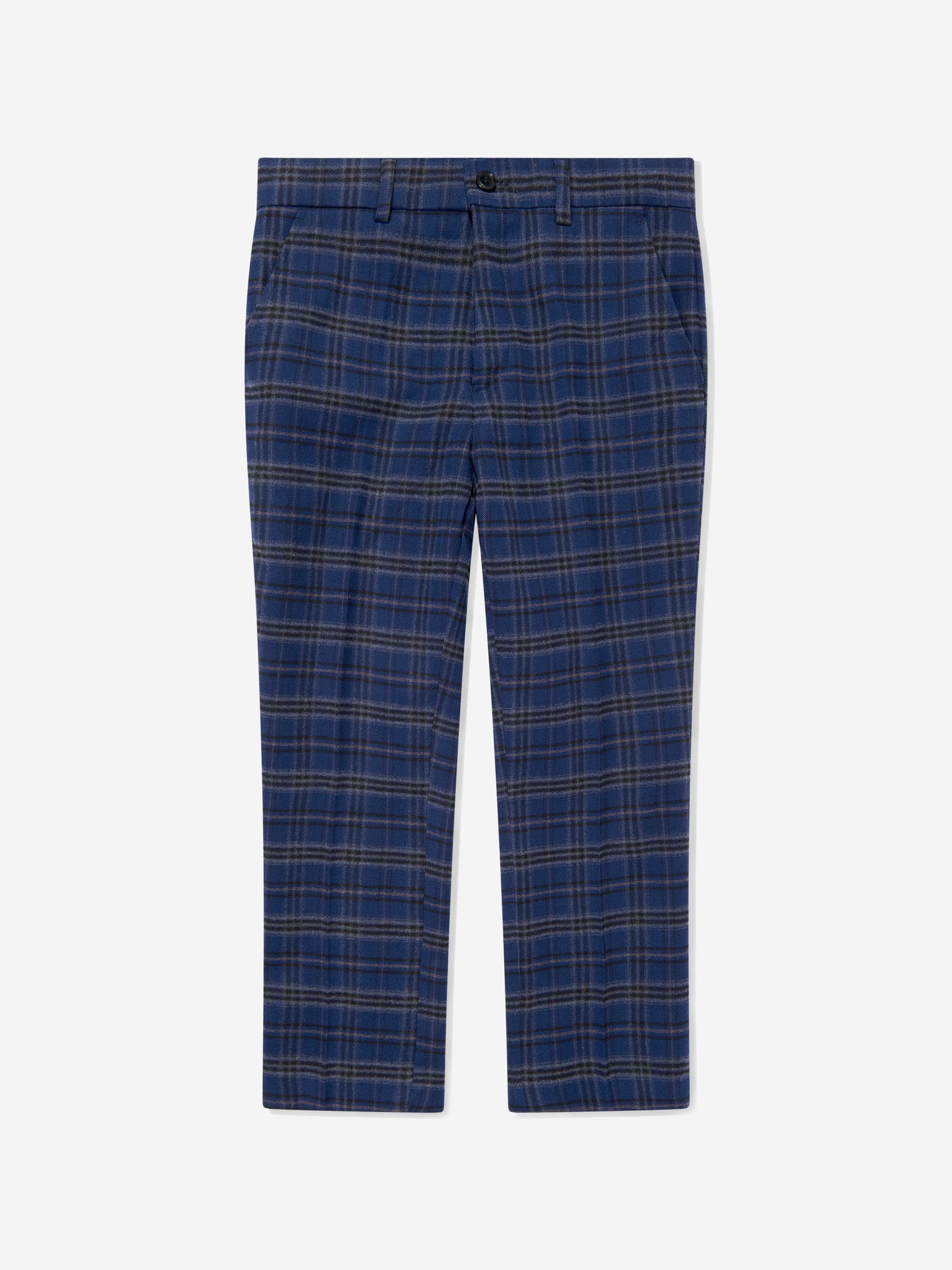 Navy checked boys trousers with belt loops and front button fly