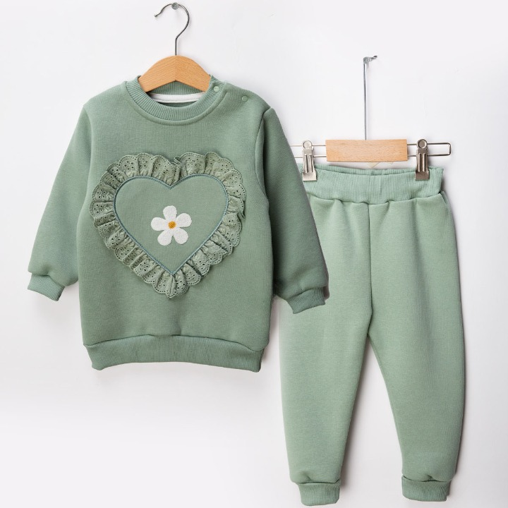 Omnis Pura Girls Soft Cotton Sporty Heart Design Top and Pants Set : Green