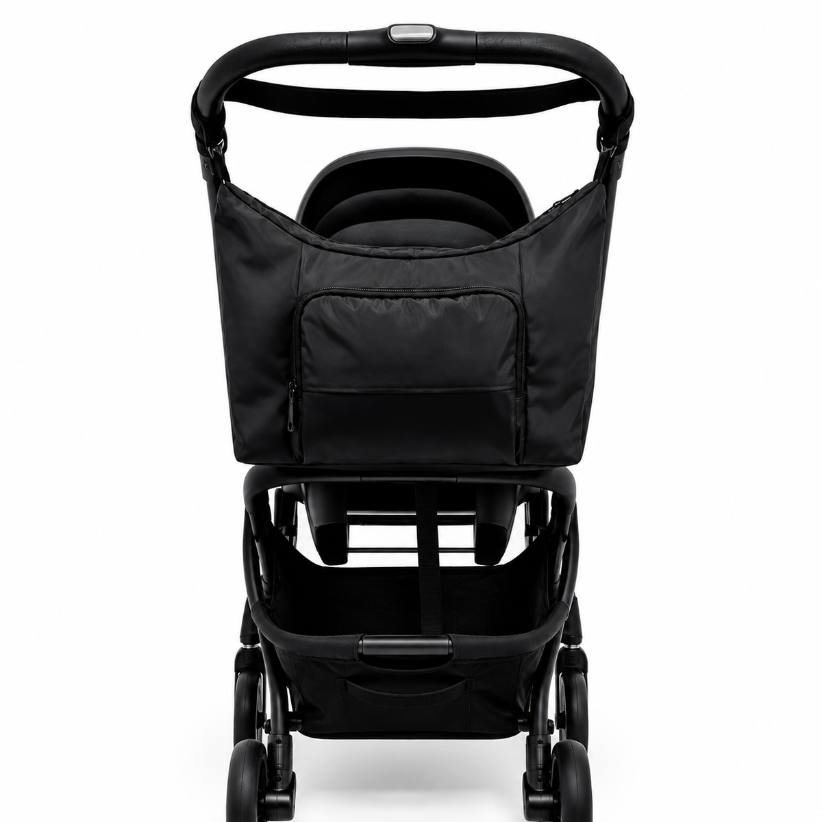 Black stroller changing bag with top handle and front zipper pocket
