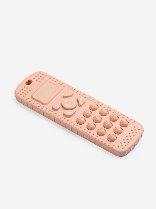 Pink phone-shaped baby teether with raised buttons and speaker grid texture