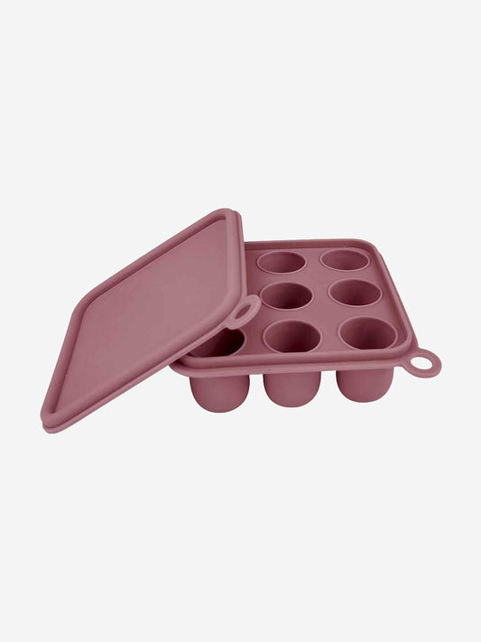 Pink silicone freezer cube tray with cover, 6 ice-cube cups