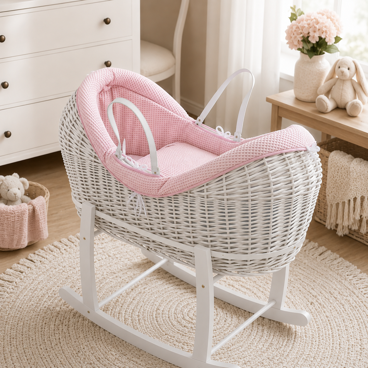 Wicker baby Moses basket on rocking stand with pink waffle pod bedding
