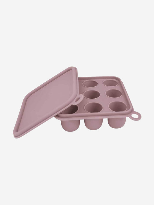 Purple silicone freezer cube tray with cover and 6 round mold cavities