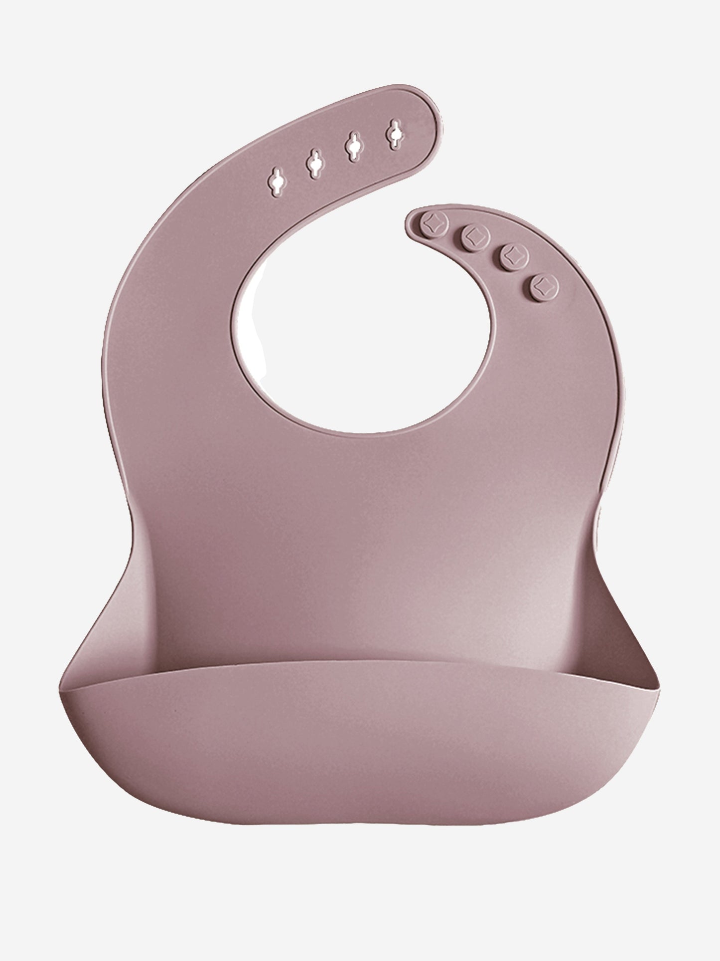 Purple silicone baby bib, one-size with snap buttons at neck