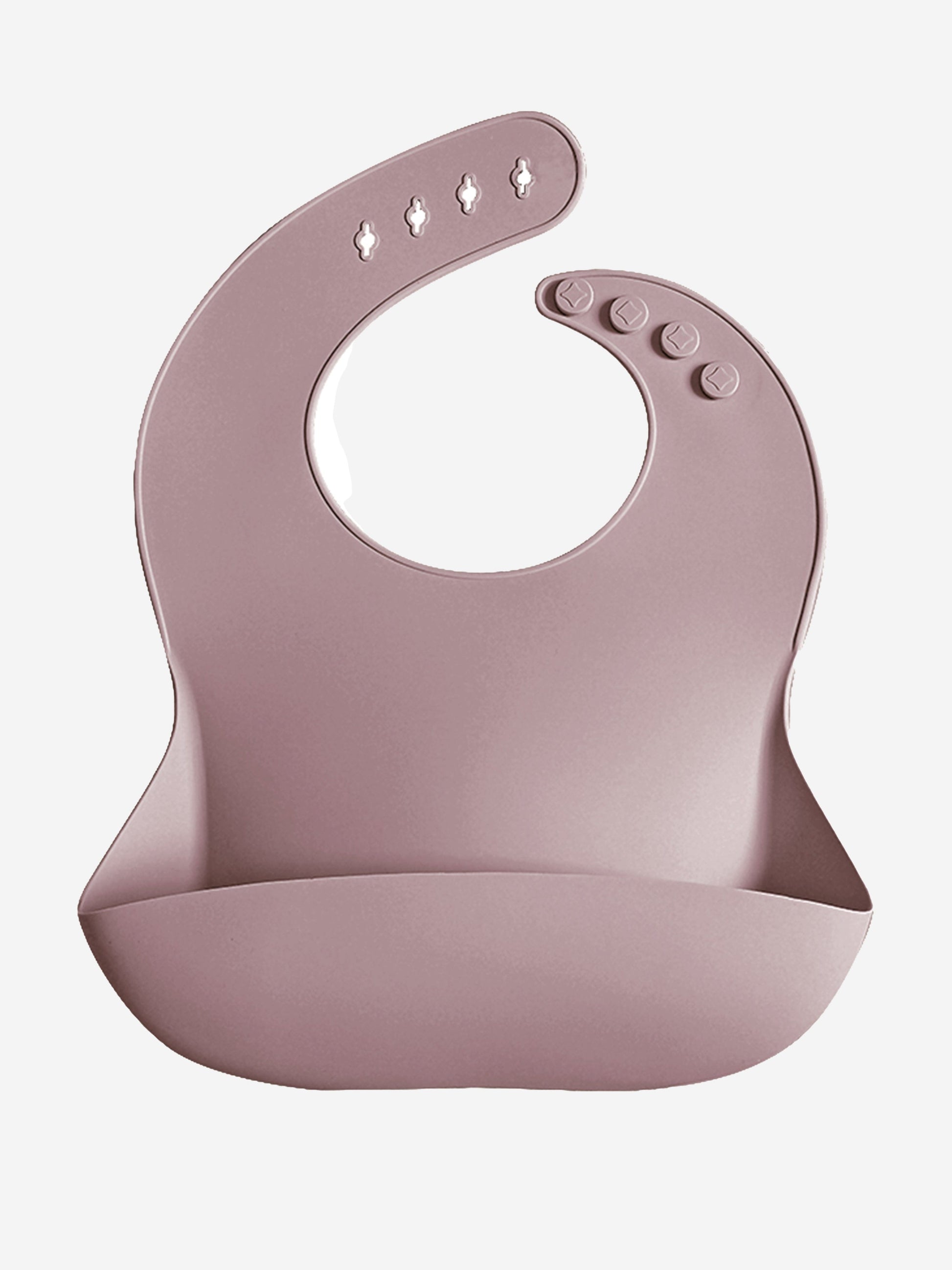 Purple silicone baby bib, one-size with snap buttons at neck