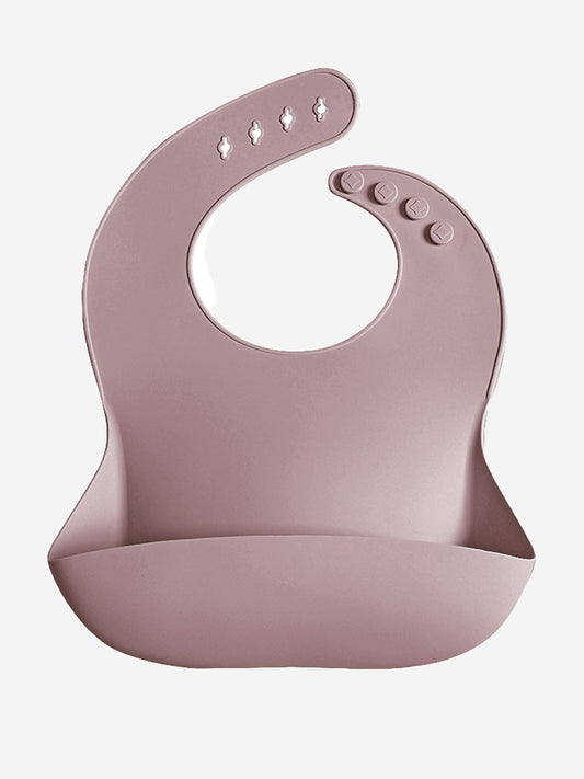 Purple silicone baby bib, one-size with snap buttons at neck