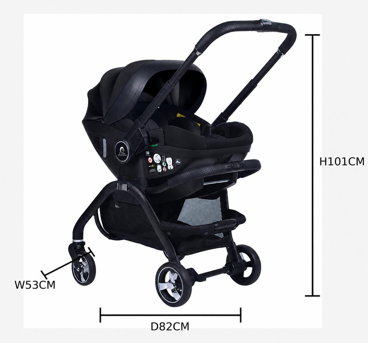 Black stroller with infant car seat, size diagram with height and width