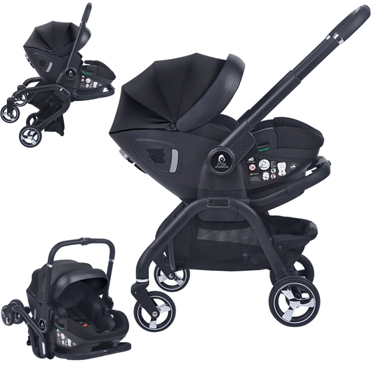 Black infant car seat with stroller frame, canopy and front tray