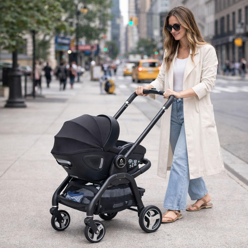 Black stroller and infant car seat with footrest and canopy, outdoors