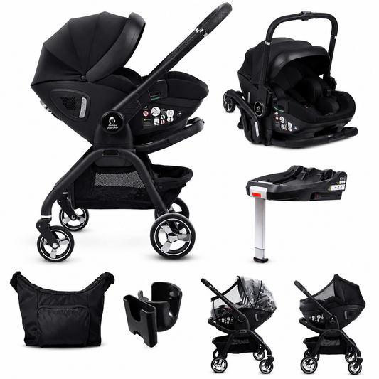 Black infant car seat and stroller travel system with wheels and carry accessories set