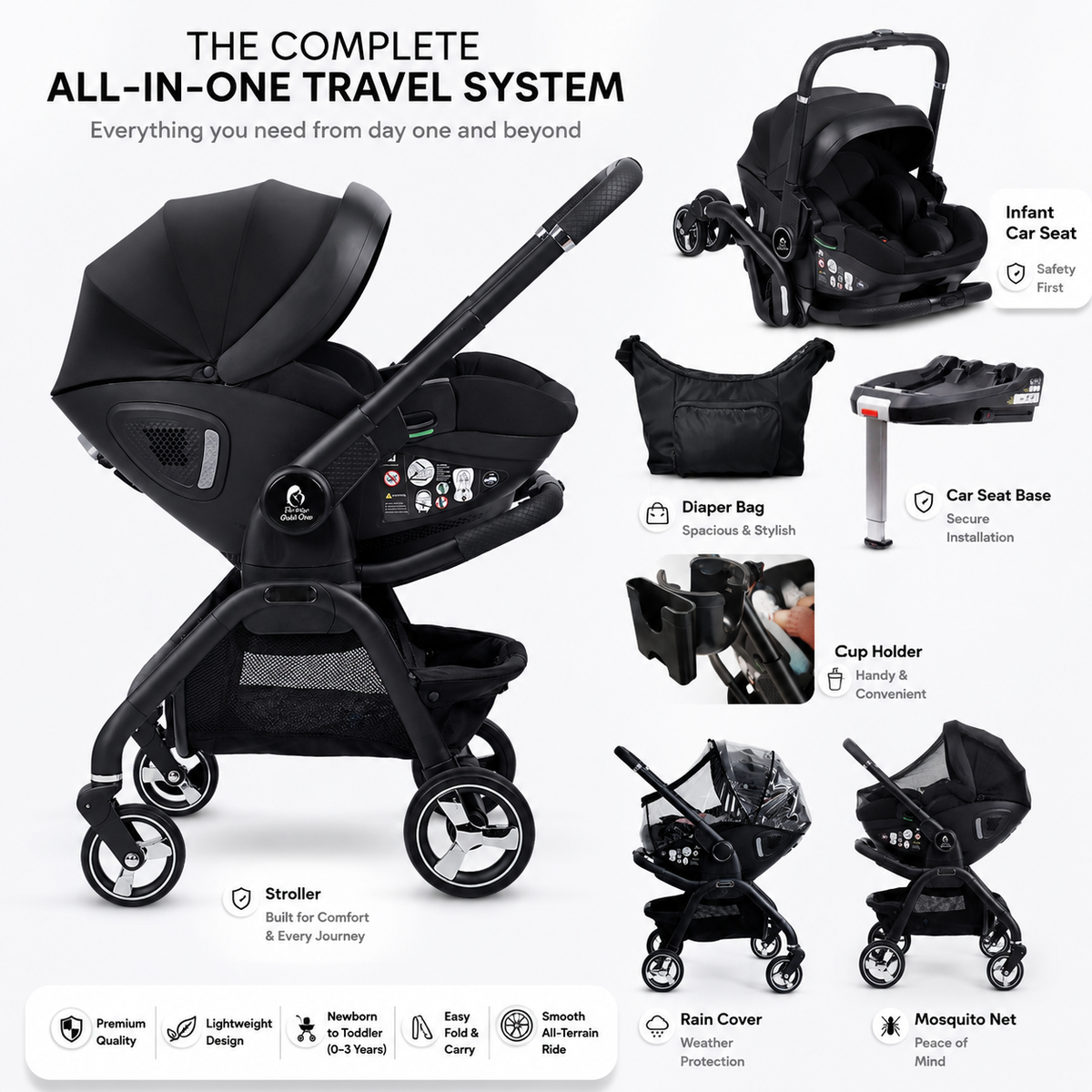 Black infant car seat stroller travel system bundle with base, diaper bag, and cup holder
