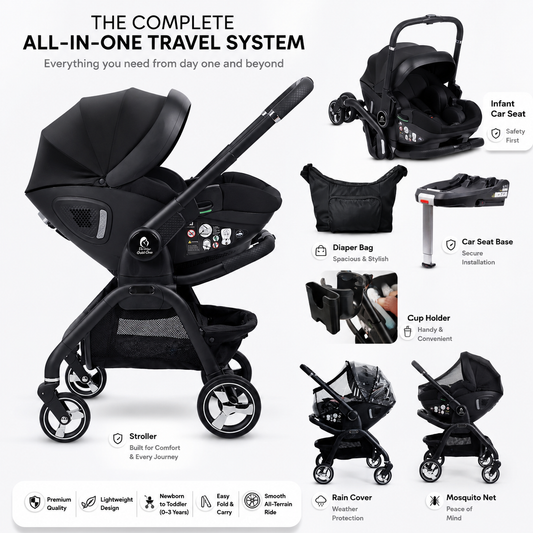 Black infant car seat stroller travel system bundle with base, diaper bag, and cup holder