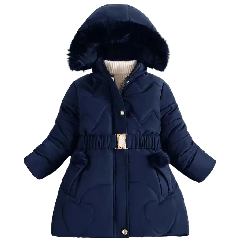 Girls navy faux-fur pom hooded belted puffer coat with front zipper and pockets