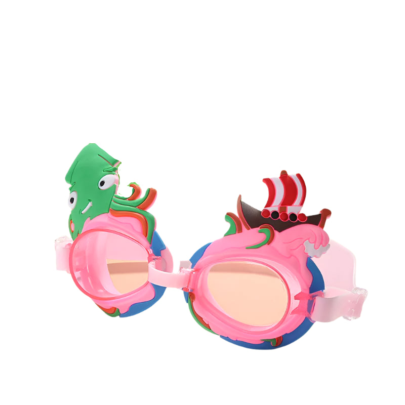 Pink pirate and sea monster swimming goggles featuring a playful pirate-themed design, anti-fog lenses, UV protection, and an adjustable strap for a secure and comfortable fit.