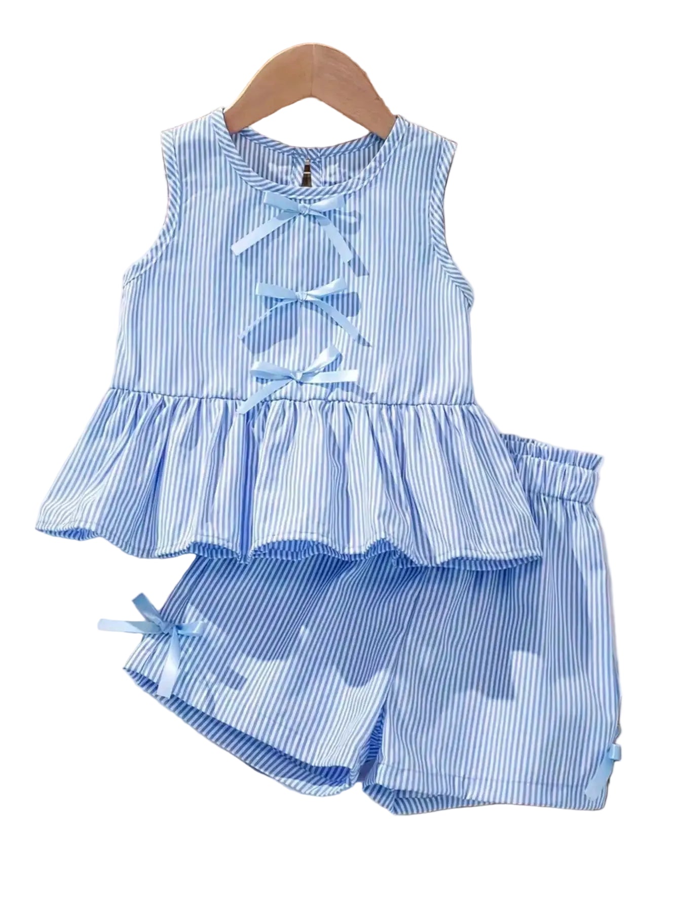 Girls blue striped sleeveless peplum top with large bow detail and matching shorts