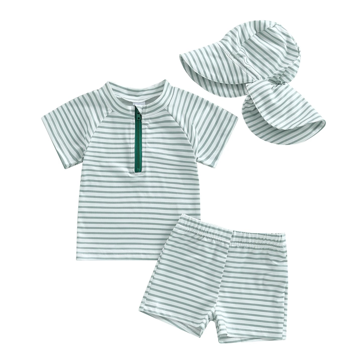 Striped swimsuit set with hat on a white background