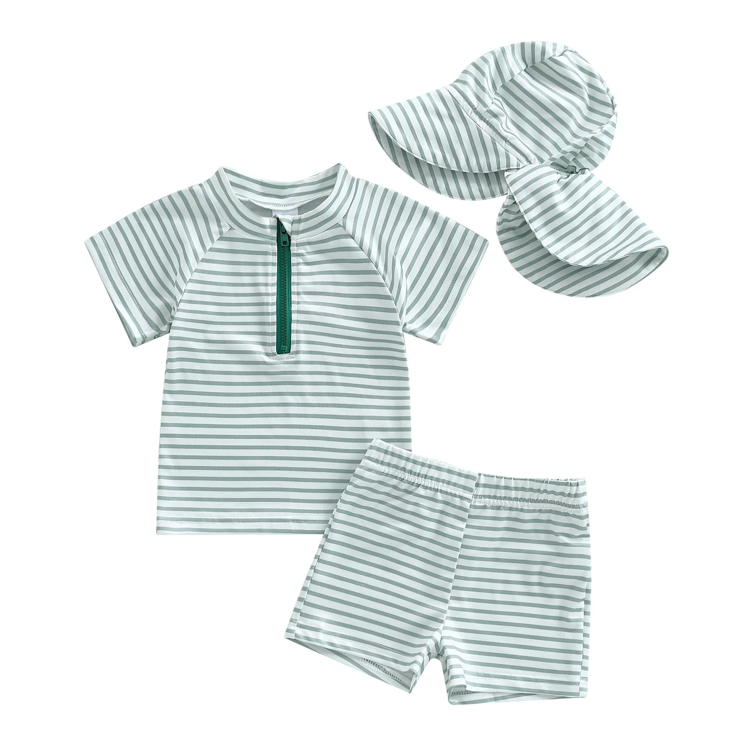 Boys 2-piece swim set in green and white striped rash top, shorts, and matching hat