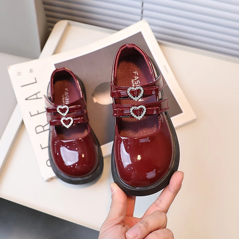 Girls Wine Red Patent Leather Double Strap Heart Shoes