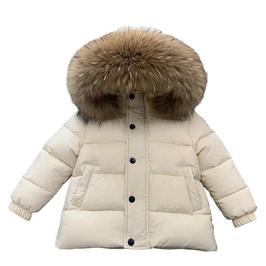 Winter Coat Off White Matt finish Natural Racoon fur Hood