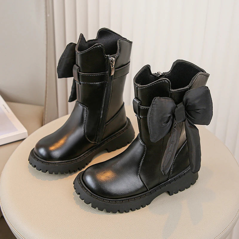 Girls Mid Calf Black Bow Boots