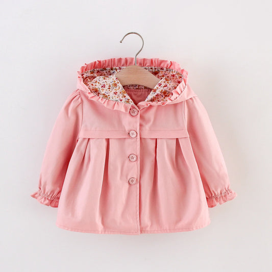 Pink baby hooded jacket, front button placket with three buttons and ruffled hood edge.