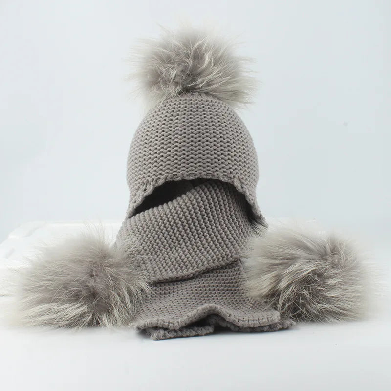 Raccoon Hat & Scarf Set Grey Single Pom