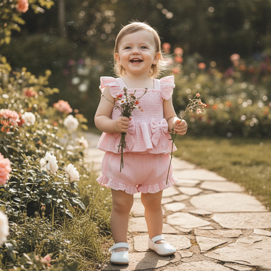 Child in a pink dress holding flowers in a garden
