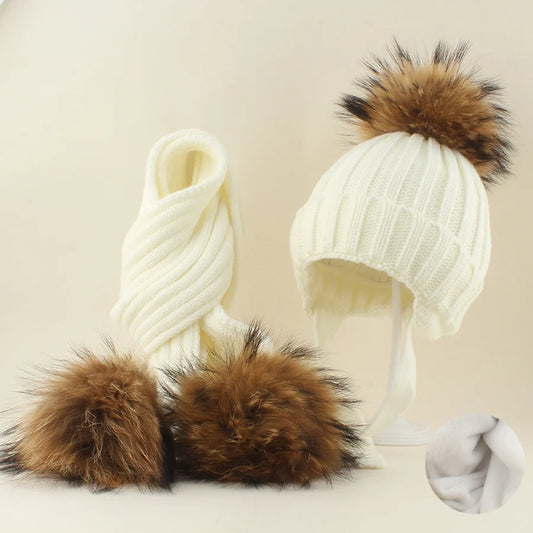 White knit beanie with brown fur pom and matching knit scarf, single set