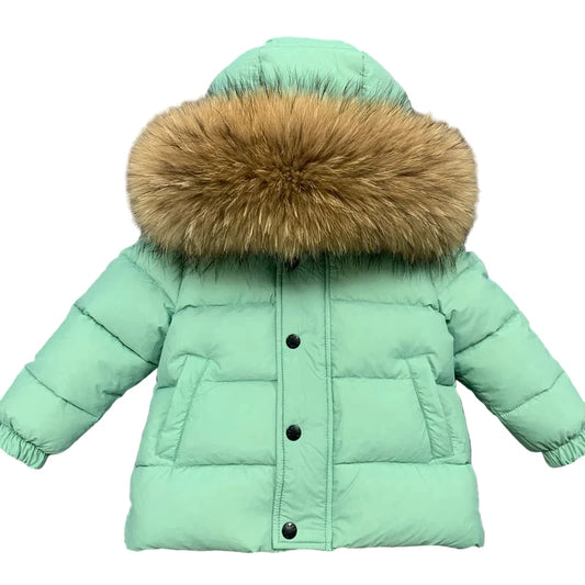 Winter Coat Mint Green High Gloss finish Natural Racoon fur Hood