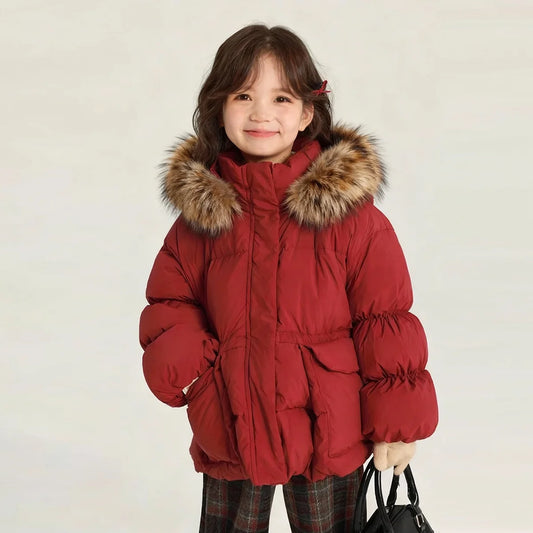 Girls Red Coat Natural Fur Hood