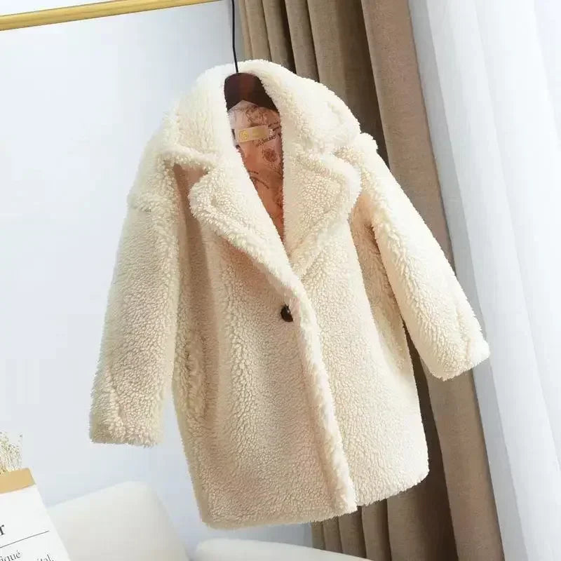 Girls Faux Fur Long Coat Cream