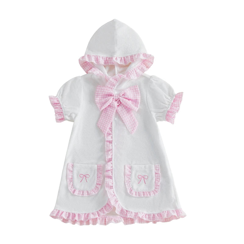 Girls swim cover-up dress in white with pink gingham ribbon bow, ruffled hem and hood
