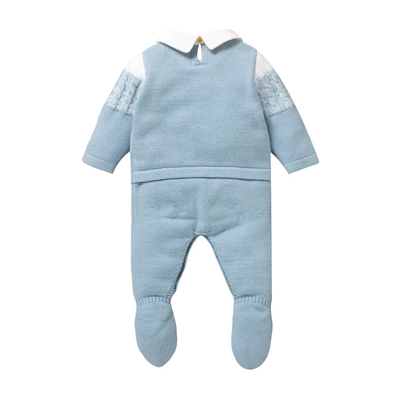 Light blue knit baby romper with white collar, long sleeves, footed pant legs