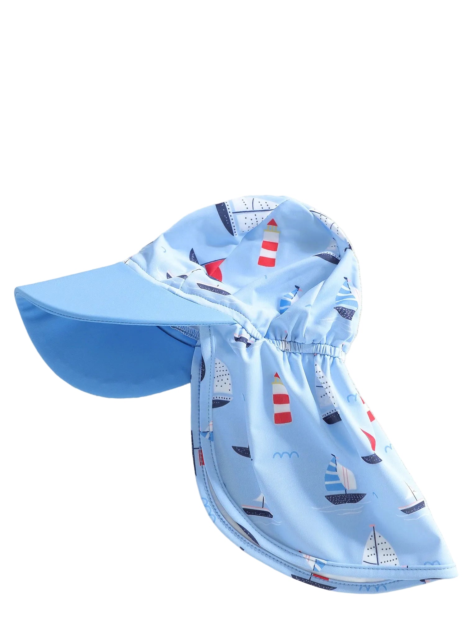 Blue children's sun hat with sailboat pattern on a beige background