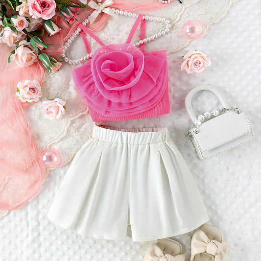 Girls Pink 3D Flower Top & White Flare Skirt