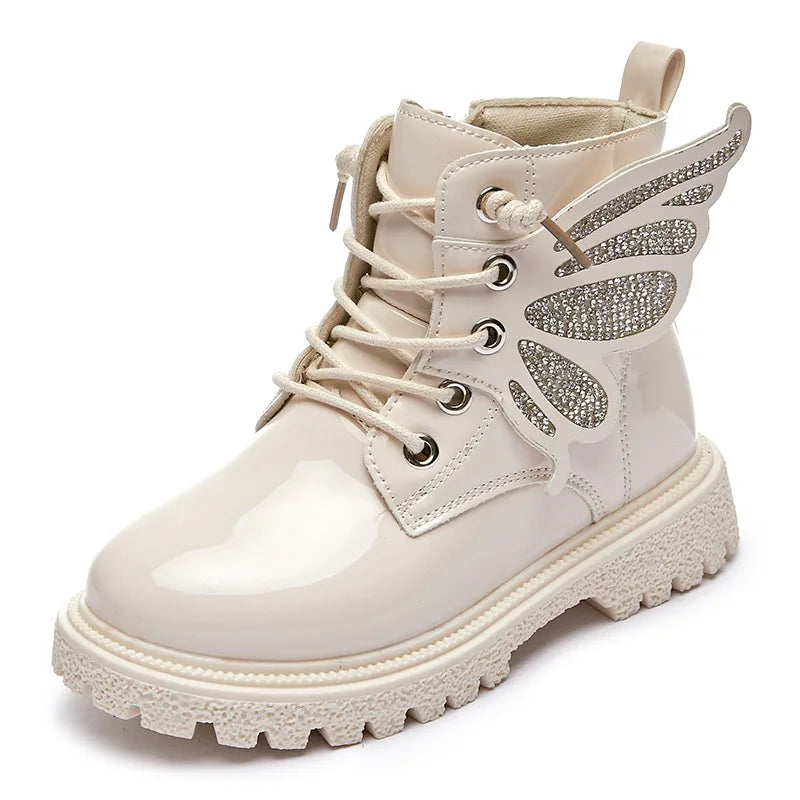 Girls Beige Patent Leather Fairy Wing Boots