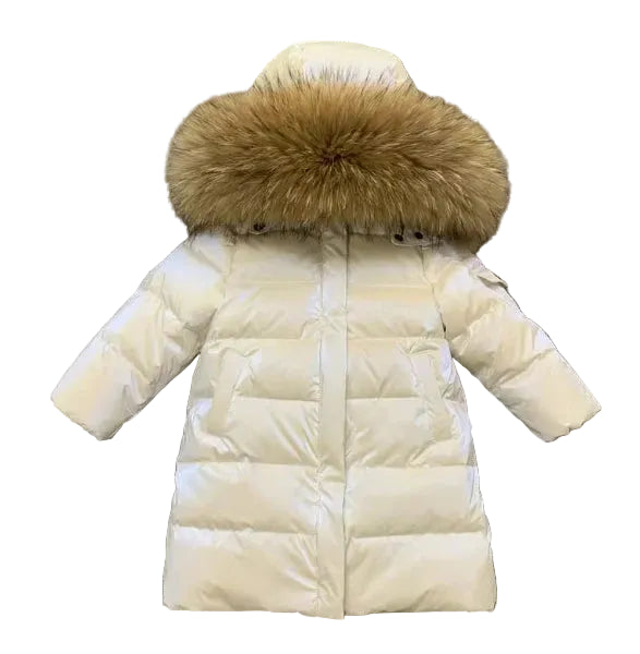 Children’s puffer coat with fur-trim hood, long sleeves, cream padded outerwear