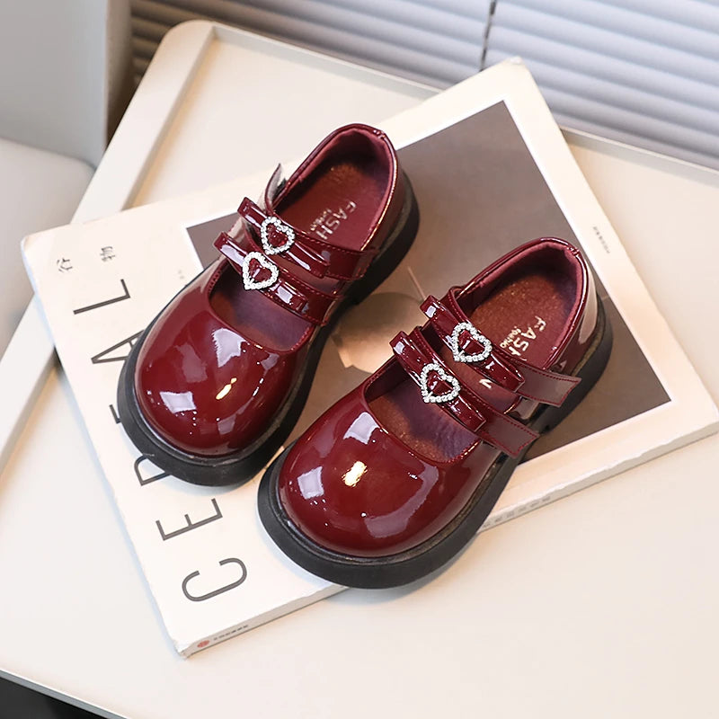 Girls Wine Red Patent Leather Double Strap Heart Shoes