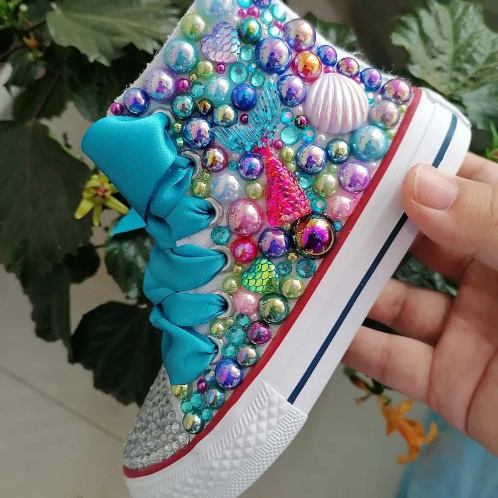 Mermaid canvas baseball boots with turquoise satin laces and multicolor bead embellishment