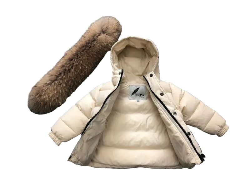 Winter Coat Off White Matt finish Natural Racoon fur Hood
