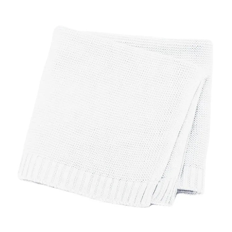 Baby knitted swaddle blanket in white with ribbed fringe edge