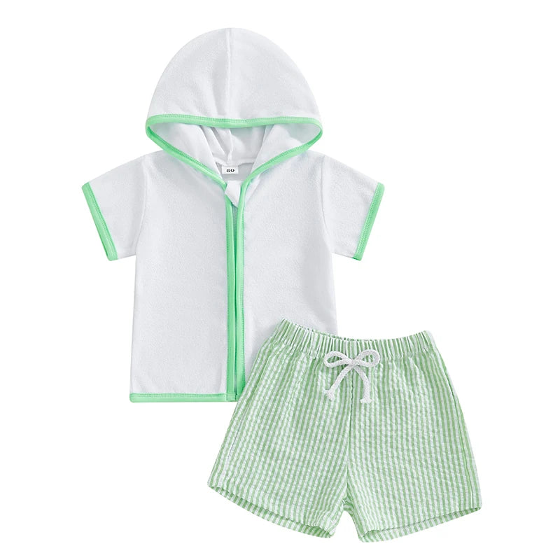 Boys terry hooded top and striped shorts set, white with green trim and drawstring.