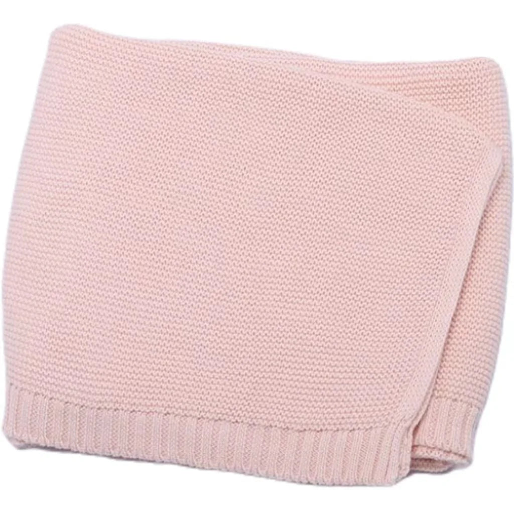 Baby knitted swaddle blanket in blush pink with ribbed edge border