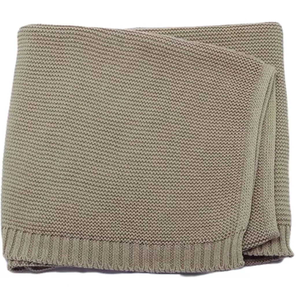 Taupe knit baby swaddle blanket folded with ribbed trim