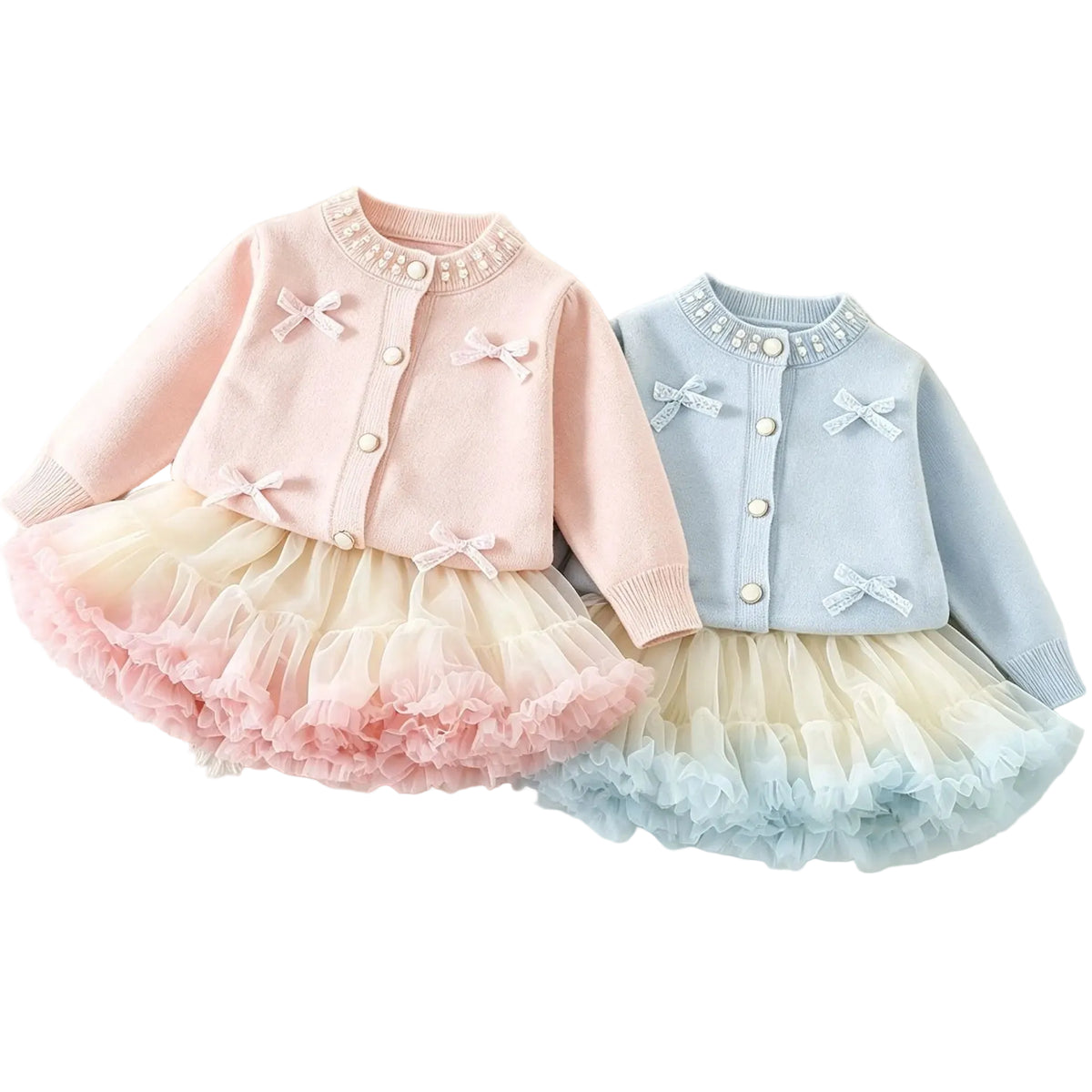 Girls knit sweater set flat lay: pink and light blue cardigans with tulle ruffle skirts.