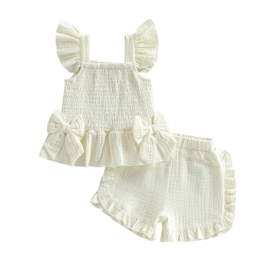 Baby Girls Cream Ivory Smocked Bow Top & Ruffle Shorts Set *Online Product