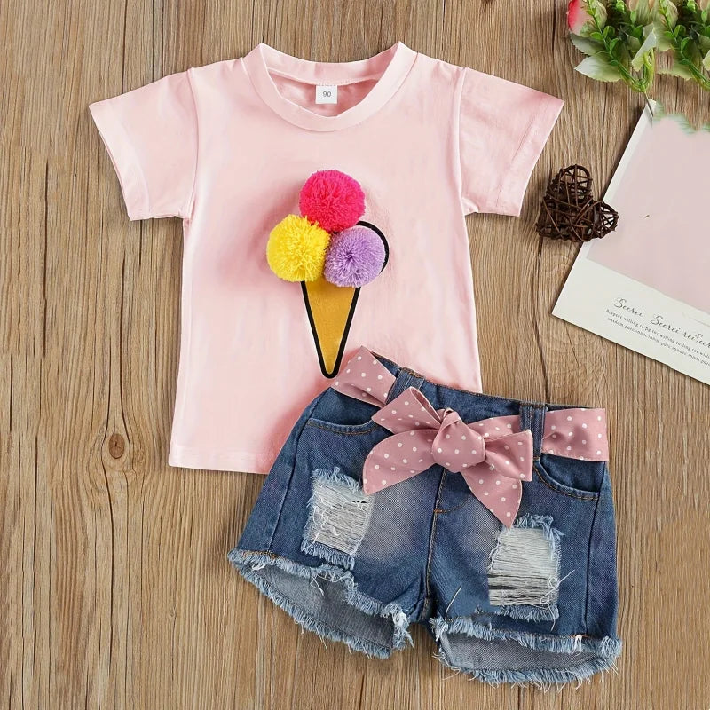 Girls Pink Pom Pom T Shirt & Denim Shorts
